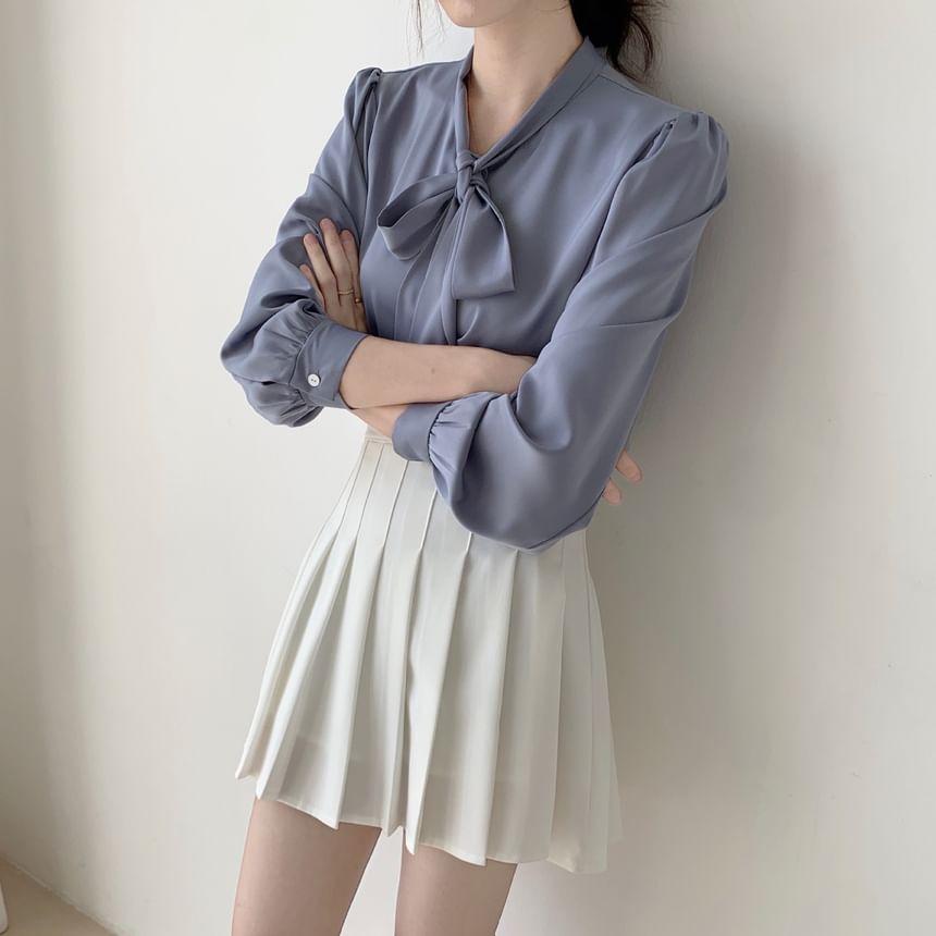 Long-Sleeve Ribbon Neck Plain Blouse Product Image