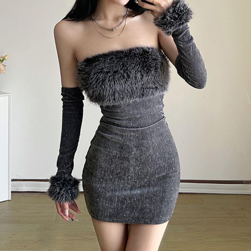 Set: Strapless Furry Panel Mini Bodycon Dress + Arm Sleeves Product Image