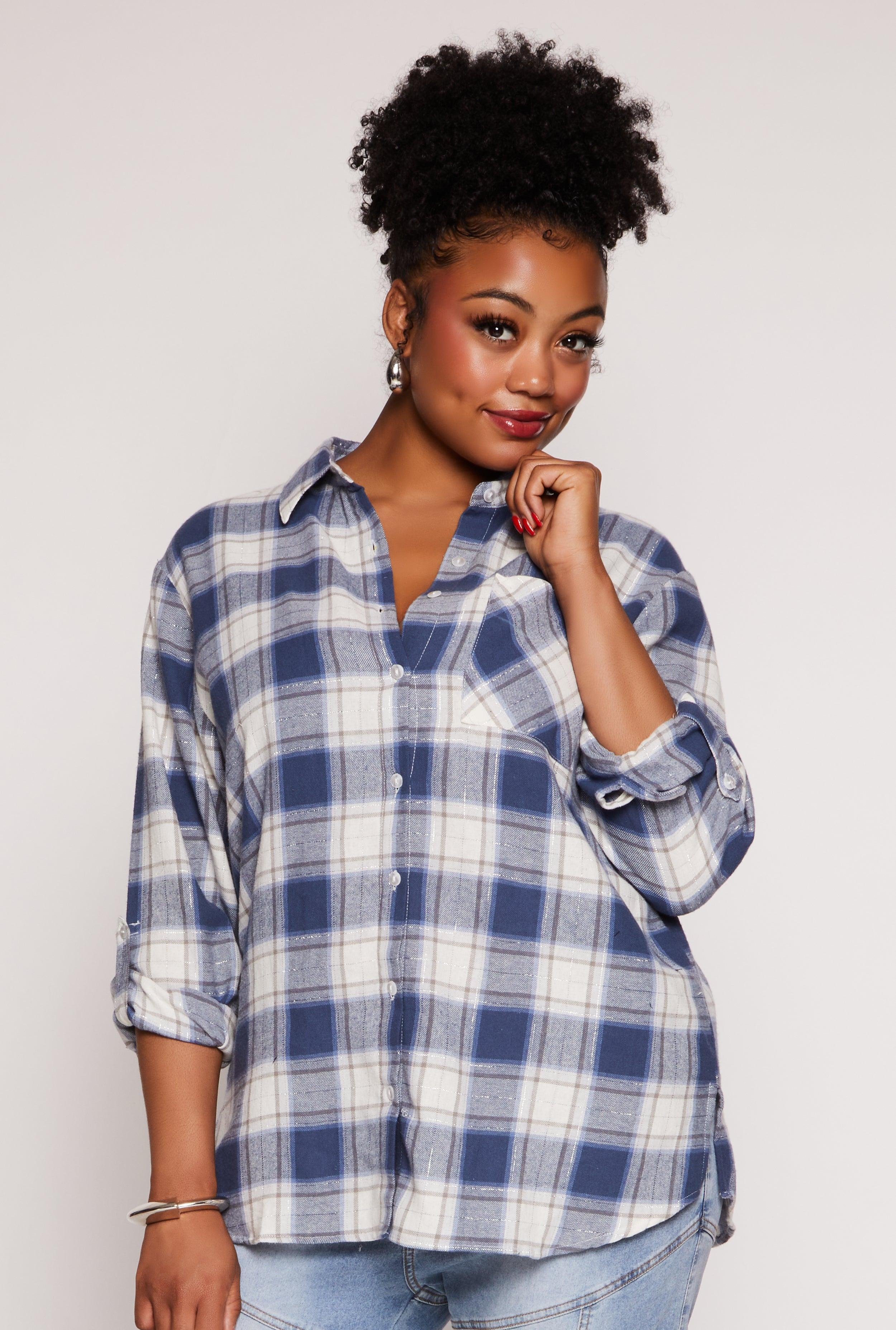 Womens Plus Size Lurex Plaid Tabbed Sleeve Shirt Product Image