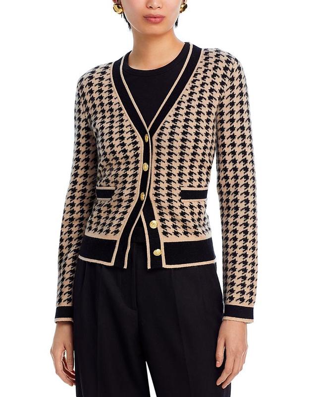 C by Bloomingdale's Cashmere Houndstooth Contrast Trim Cashmere Cardigan - 100% Exclusive - L - L - Female Product Image