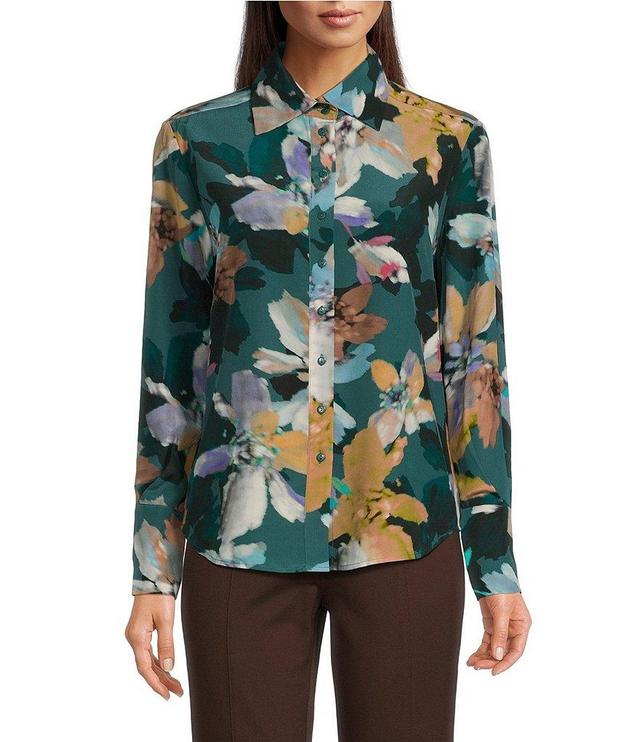 tyler boe Chloe Silk Watercolor Floral Print Point Collar Long Sleeve Button Front Shirt Product Image