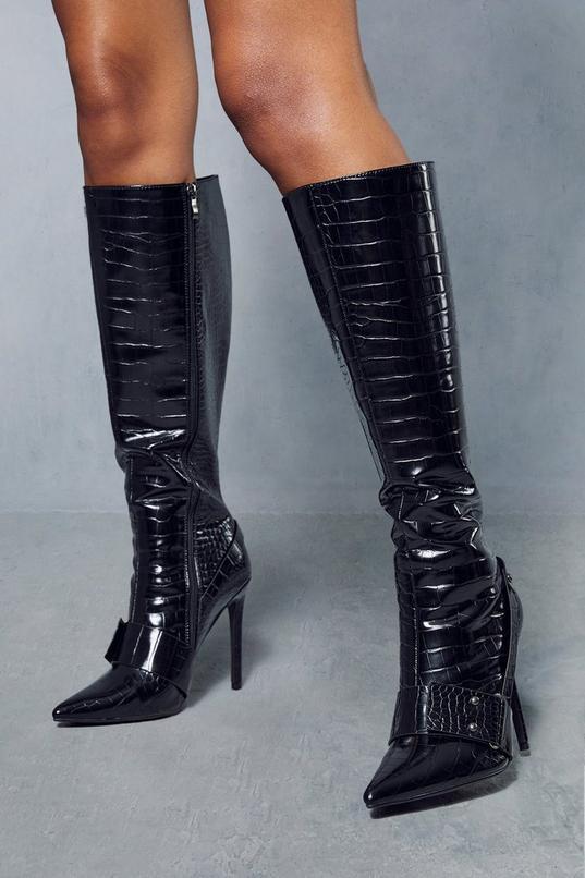 Leather Look Croc Heeled Boots Product Image