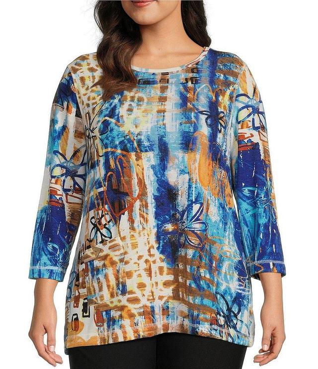 Ali Miles Plus Size Abstract Print Woven Scoop Neck 3/4 Sleeve Pop Over Tunic Product Image