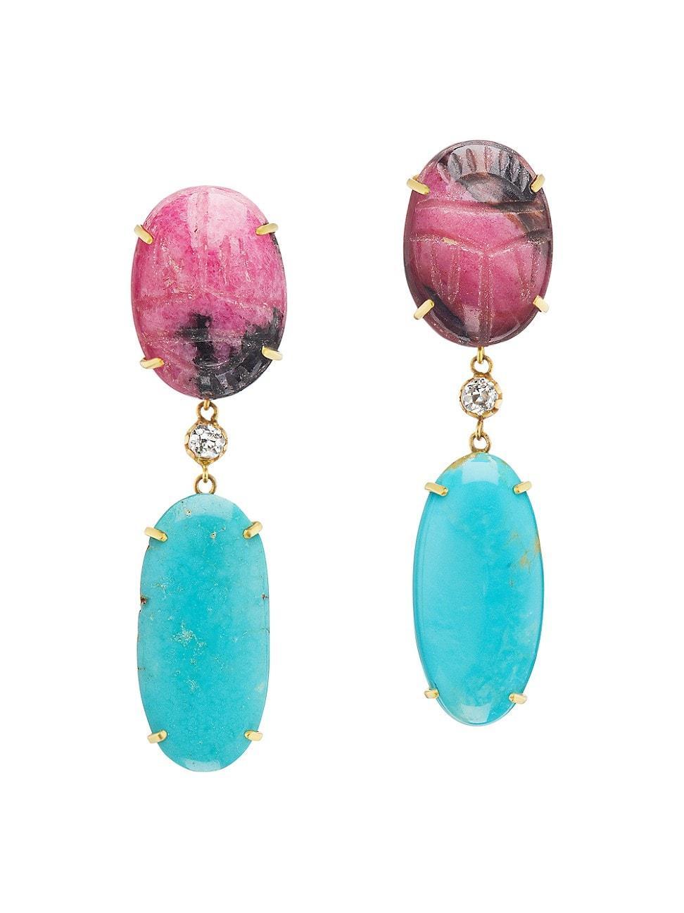 Womens 18K Yellow Gold, Diamond, Turquoise & Pink Scarab Drop Earrings - Pink Product Image