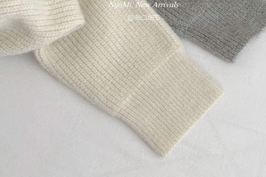 Mock Neck Plain Tie-Up Ribbed Sweater Product Image