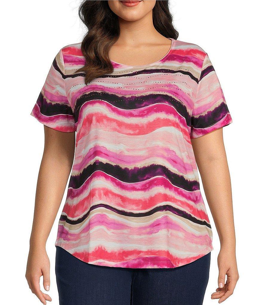 Allison Daley Plus Size Wave Stripe Abstract Print Embellished Short Sleeve Crew Neck Art Tee Shirt Product Image