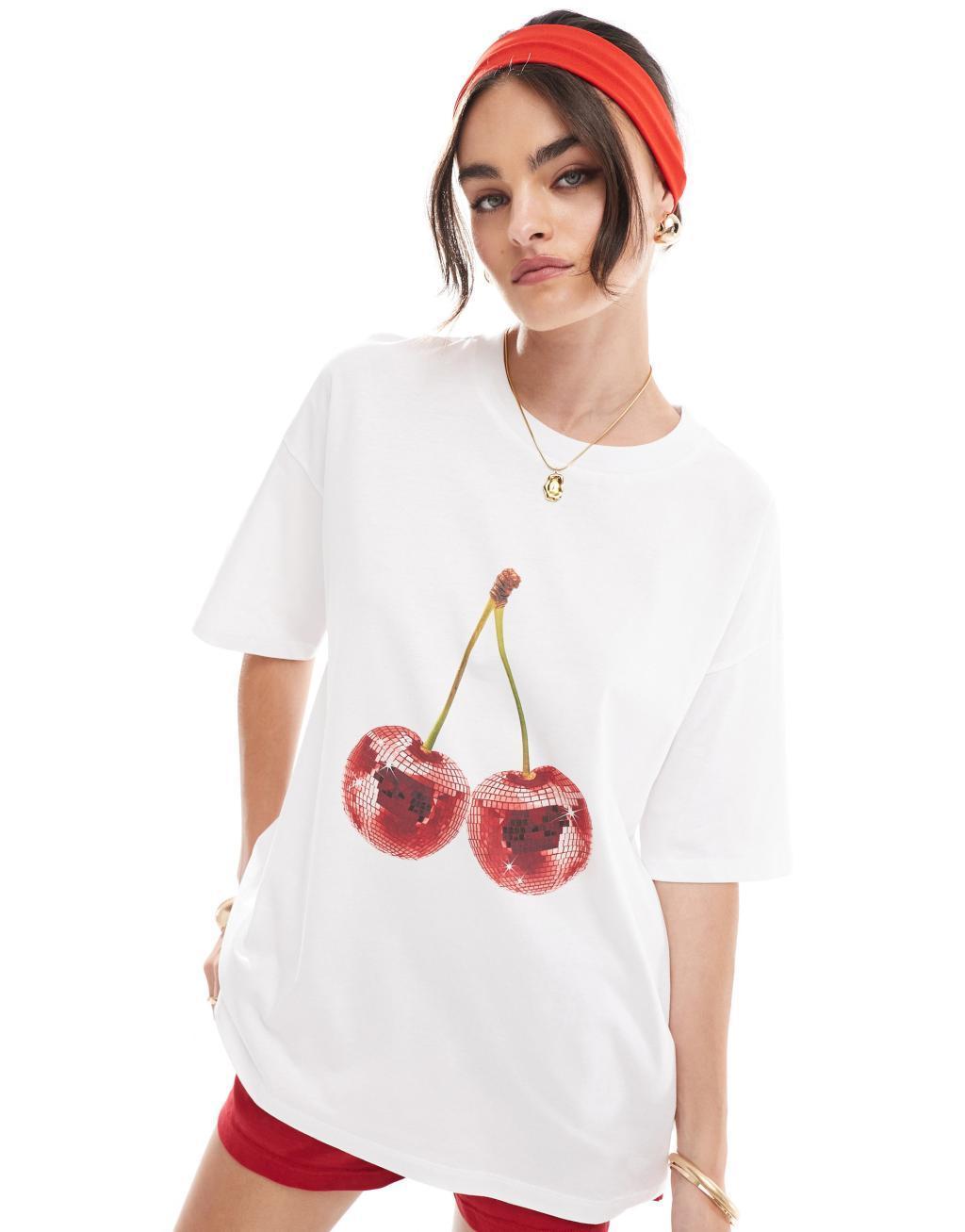 ASOS DESIGN oversized t-shirt with disco cherry graphic in ivory Product Image