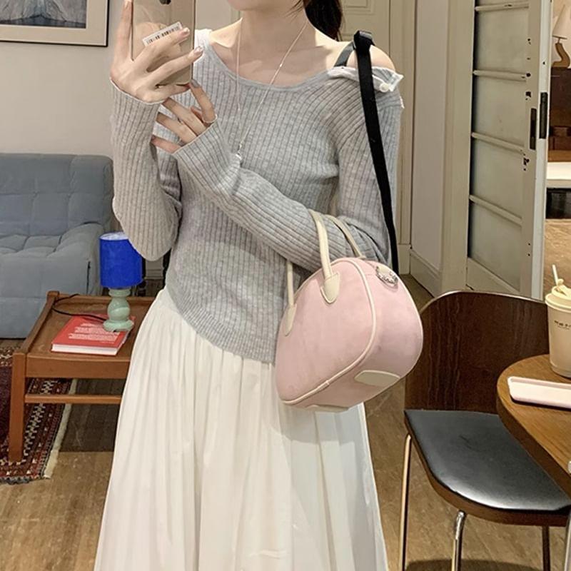 Long-Sleeve Boat Neck Bow Ribbed Knit Top / High Rise Midi A-Line Balloon Skirt Product Image