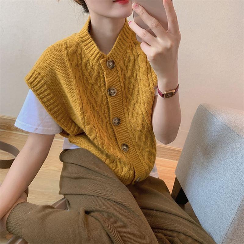 Short-Sleeve Plain Cable-Knit Cardigan Product Image