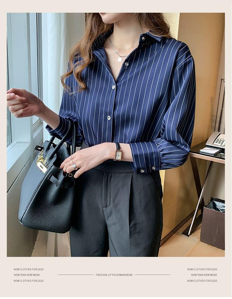 Long-Sleeve Collar Pinstriped Blouse Product Image