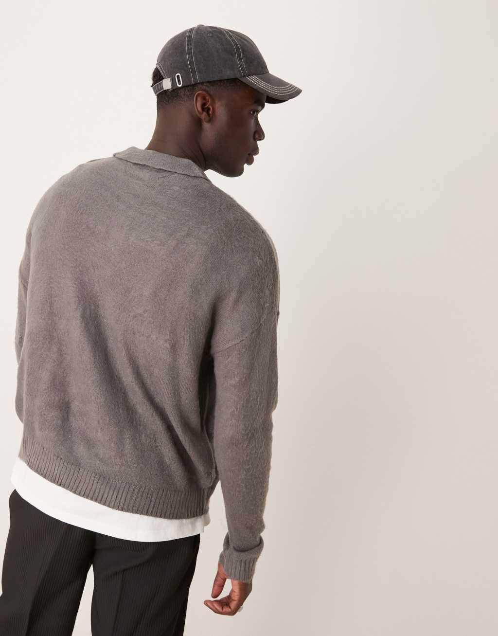 ASOS DESIGN oversized boxy fit polo sweater in brushed texture in gray Product Image