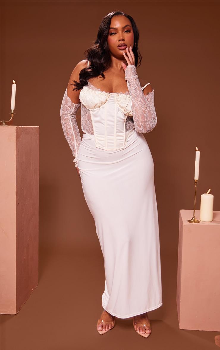 Plus Cream Lace Satin Insert Sleeve Detail Corset Product Image