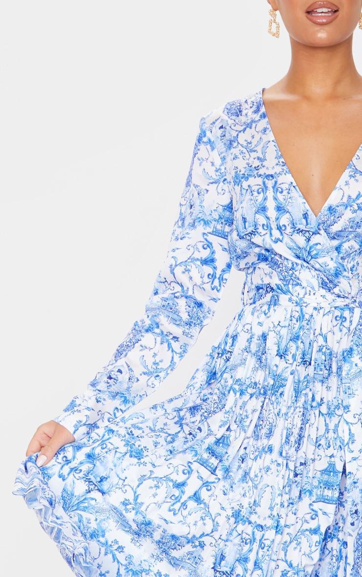 Blue Porcelain Print Long Sleeve Pleated Midi Dress Product Image