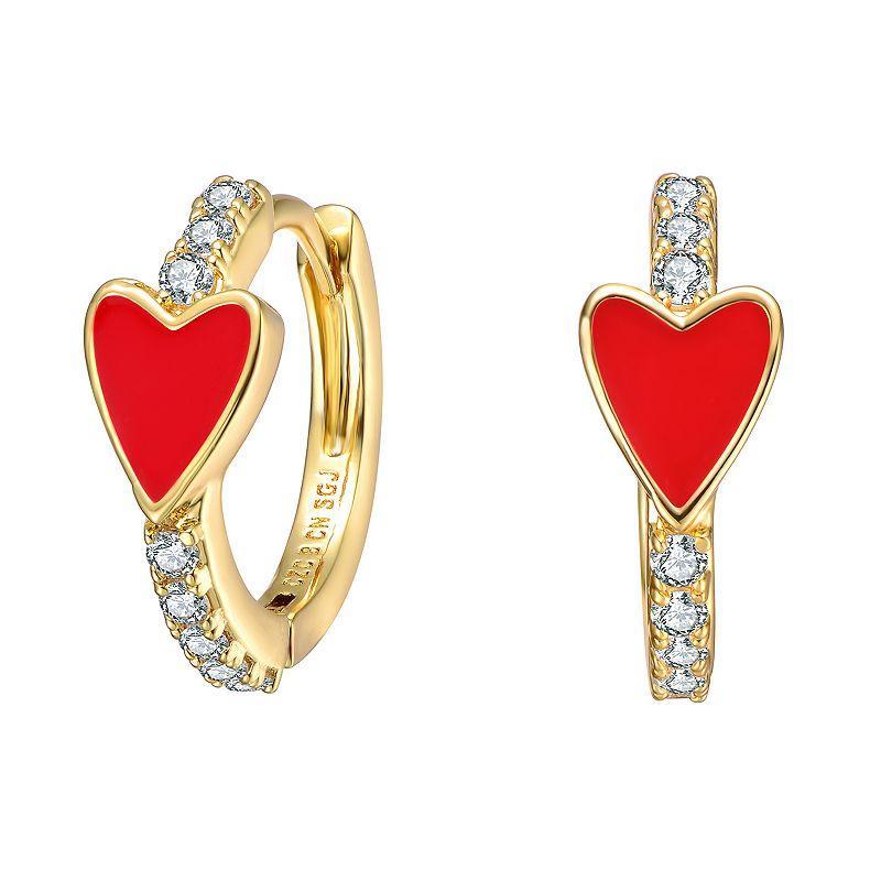 14k Gold Plated Cubic Zirconia Red Enamel Heart Hoop Earrings, Womens, Gold Tone Red Product Image