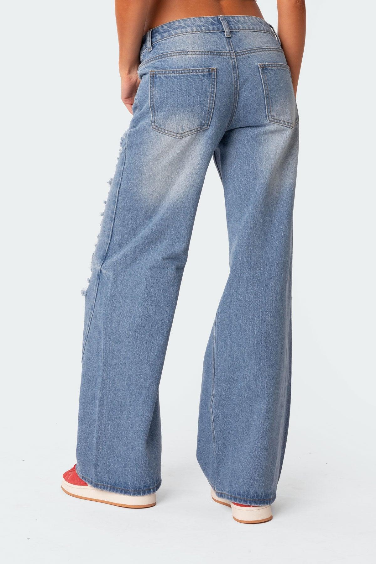 Low Rise Distressed Wide Leg Jeans Product Image