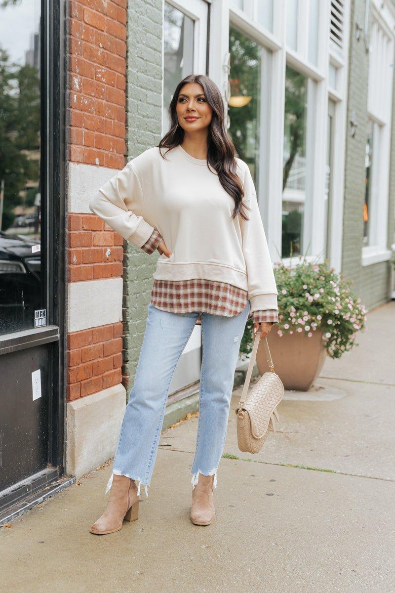 Taupe Plaid French Terry Sweatshirt Product Image