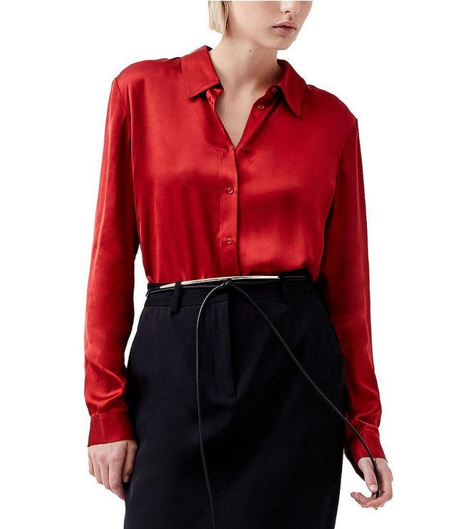 French Connection Ennis Satin Point Collar Neck Long Sleeve Button Front Top Product Image