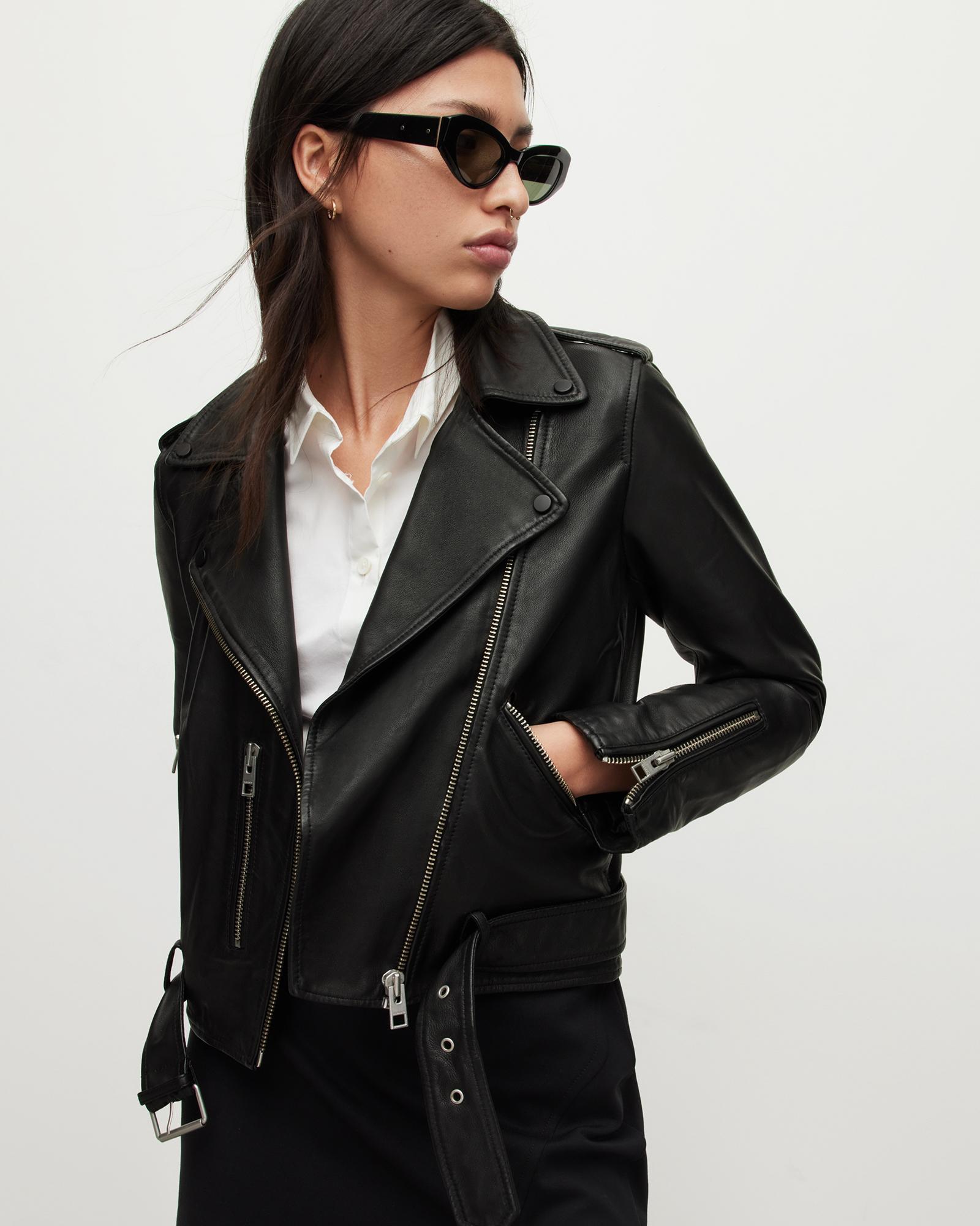 AllSaints Womens Leather Balfern Biker Jacket, Black, Size: UK 6/US 2 Product Image