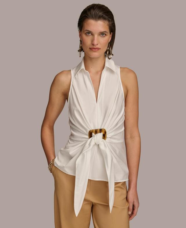 Donna Karan Womens Sleeveless Tie-Front Collared Shirt Product Image