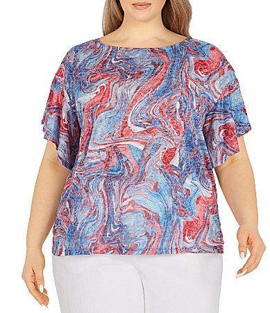 Ruby Rd. Plus Size Marbled Abstract Print Round Neck Short Dolman Flutter Sleeve Top Product Image