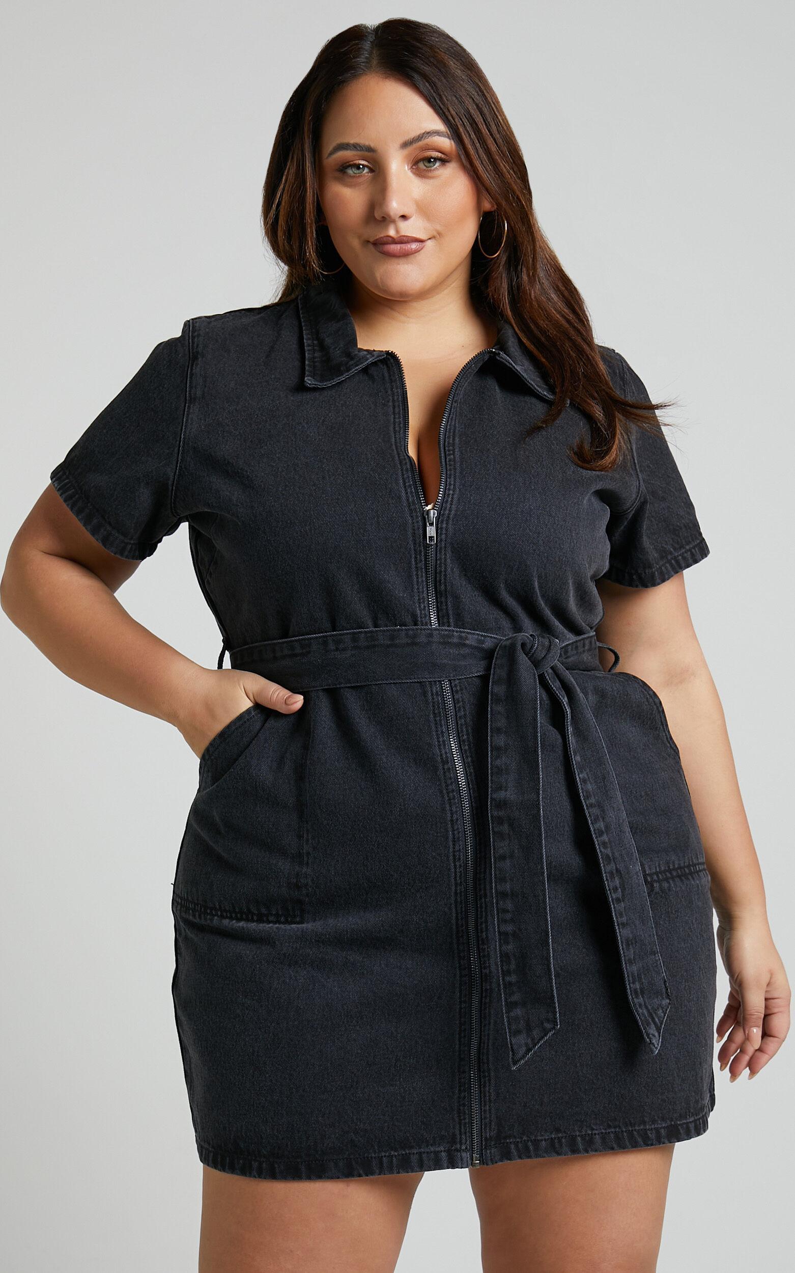 Nandini Mini Dress - Zip Through Denim Dress in Black Wash Product Image