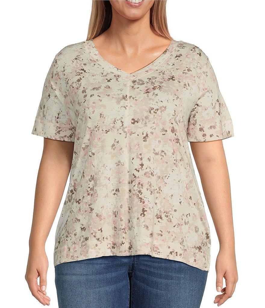 Westbound Plus Size Knit Meadow Floral Printed Short Sleeve V-Neck Top Product Image