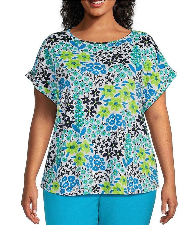 Multiples Plus Size Knit Floral Print Crew Neck Short Cuffed Sleeve Top Product Image