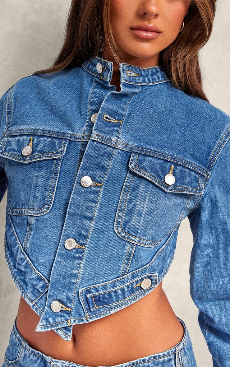 Mid Blue Wash Hanky Hem Cropped Denim Jacket Product Image