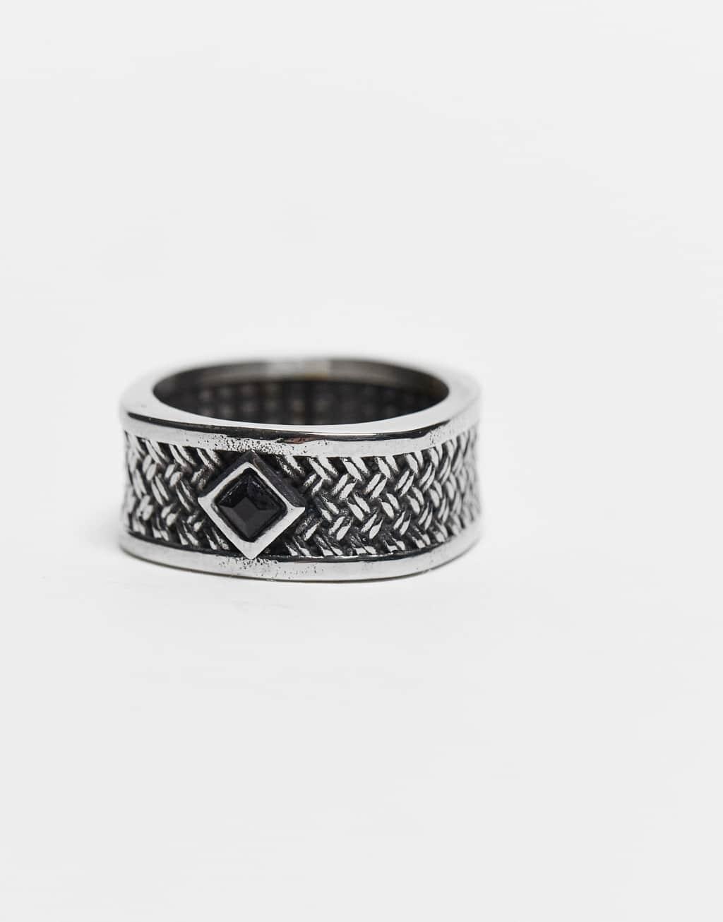 ASOS DESIGN waterproof stainless steel band ring with texture in burnished silver tone Product Image