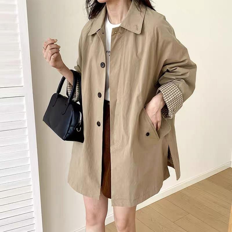 Collared Plain Button-Up Trench Coat Product Image