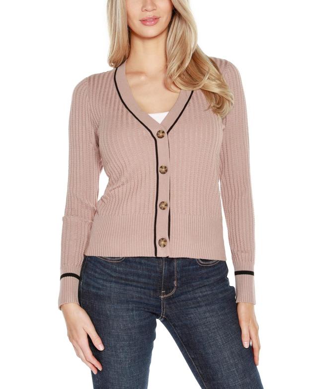 Belldini Womens Tipped Textured-Stich Cardigan Sweater - Mochaccino Product Image