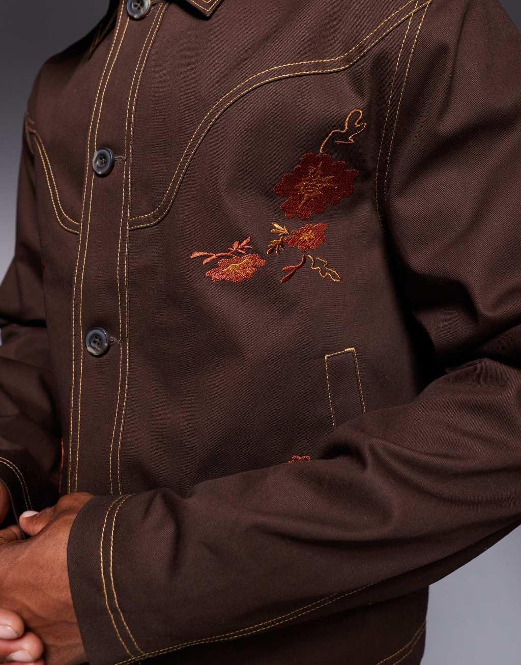 ASOS DESIGN embroidered harrington jacket in brown Product Image