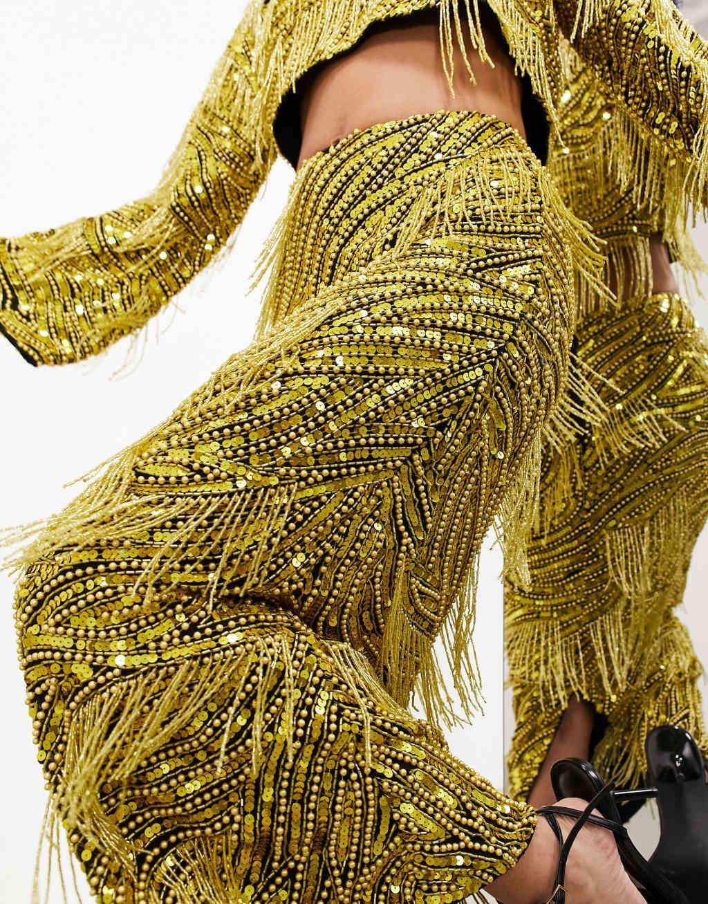 ASOS EDITION beaded fringe and pearl midi skirt in black and yellow Product Image