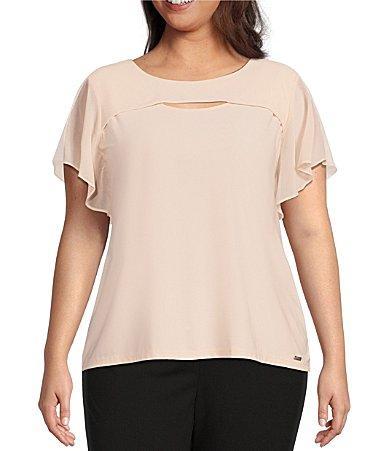 Calvin Klein Plus Size Matte Jersey Chiffon Short Flutter Sleeve Cut Product Image