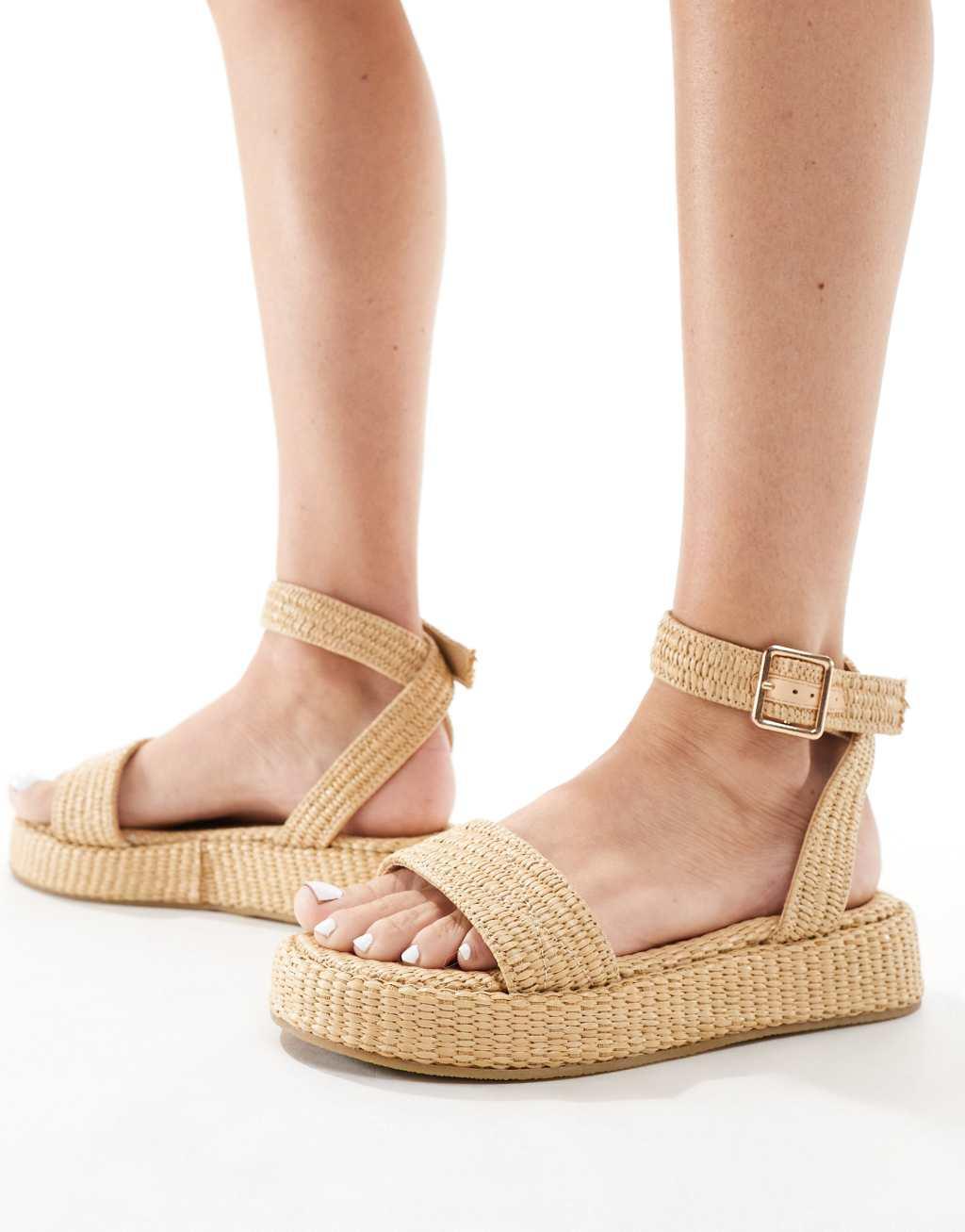 Truffle Collection wide fit raffia ankle strap sandal in natural Product Image