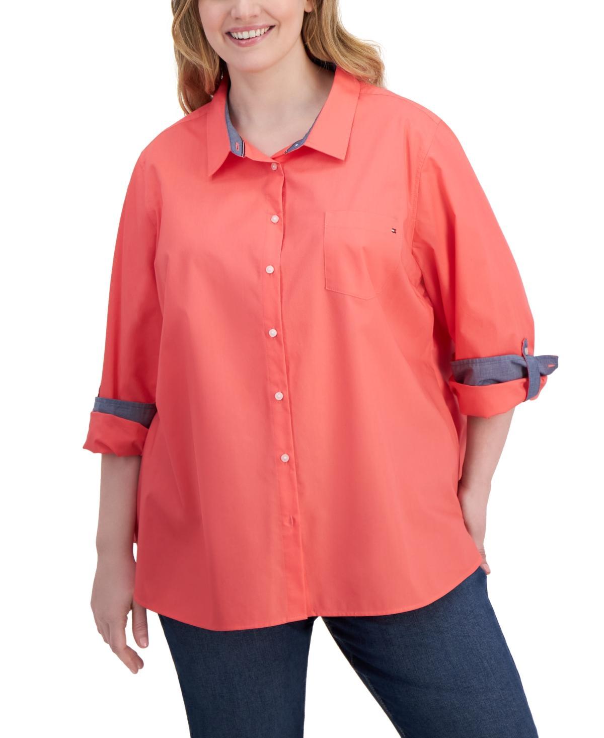 Tommy Hilfiger Plus Size Cotton Roll-Tab Shirt Product Image