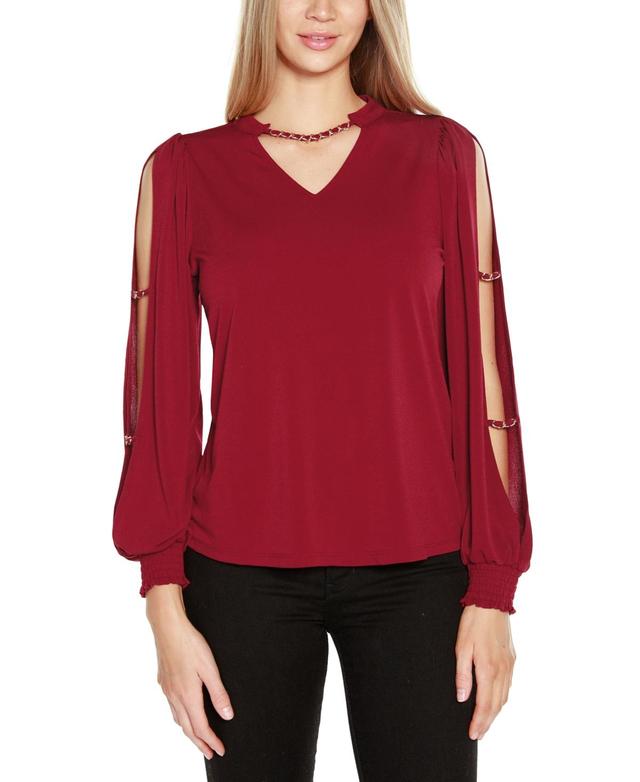 Belldini Black Label Womens Split-Sleeve Chain-Neck Keyhole Top Product Image