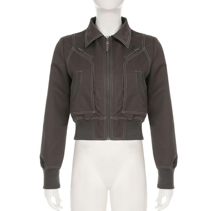 Collared Plain Zip Up Crop Jacket Product Image