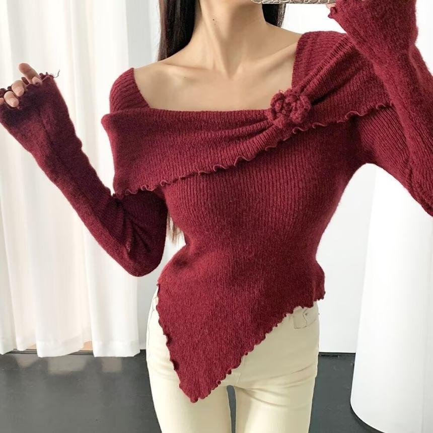 Long-Sleeve Square Neck Plain Asymmetrical Floral Accent Lettuce Edge Crop Knit Top Product Image