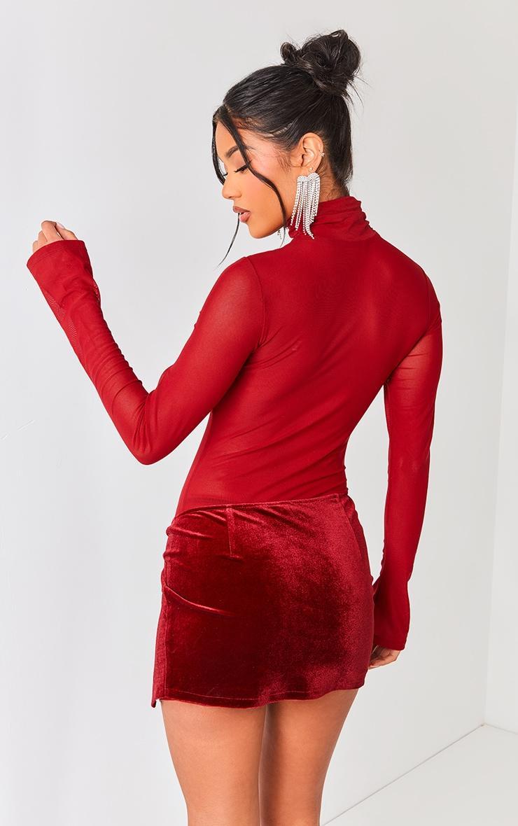 Cherry Red Mesh Velvet Panel Detail Long Sleeve Bodycon Dress Product Image