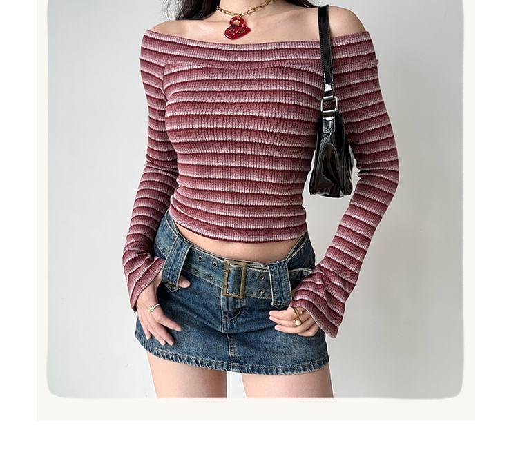 Long-Sleeve Off-Shoulder Striped Slim Fit Crop Knit Top Product Image