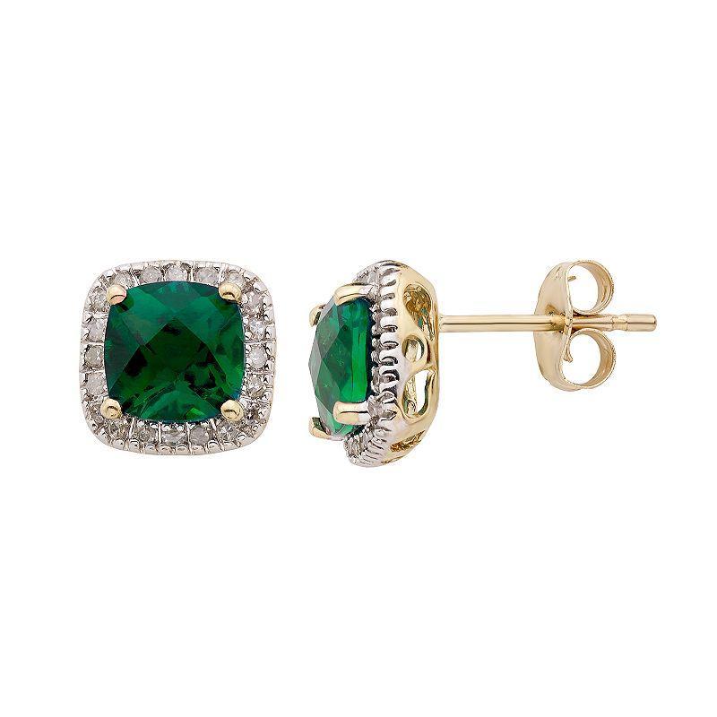 Lab-Created Emerald and 1/6 Carat T.W. Diamond 10K Gold Halo Button Stud Earrings, Womens, Green Product Image