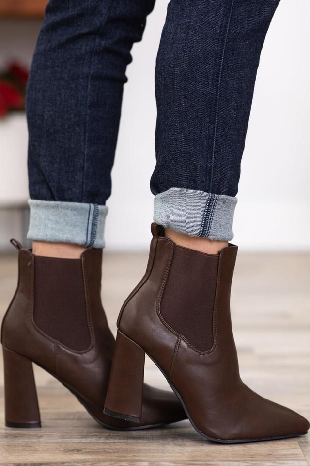 Brown Block Heel Pull On Booties Product Image