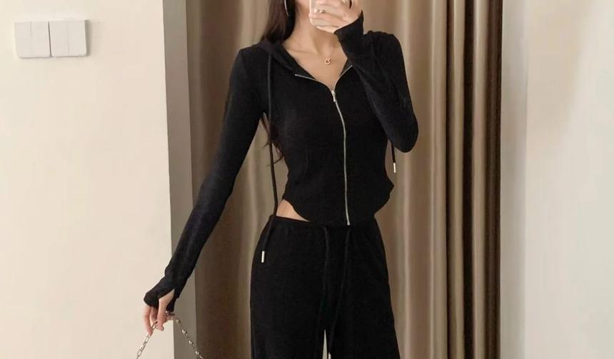 Plain Zip Hoodie / Drawstring Waist Wide Leg Pants Product Image