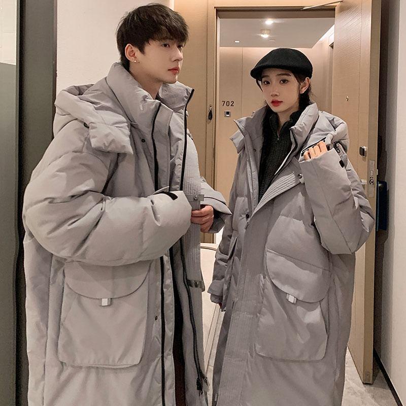 Couple Matching Stand Collar Plain Hood Midi Zip Puffer Coat Product Image