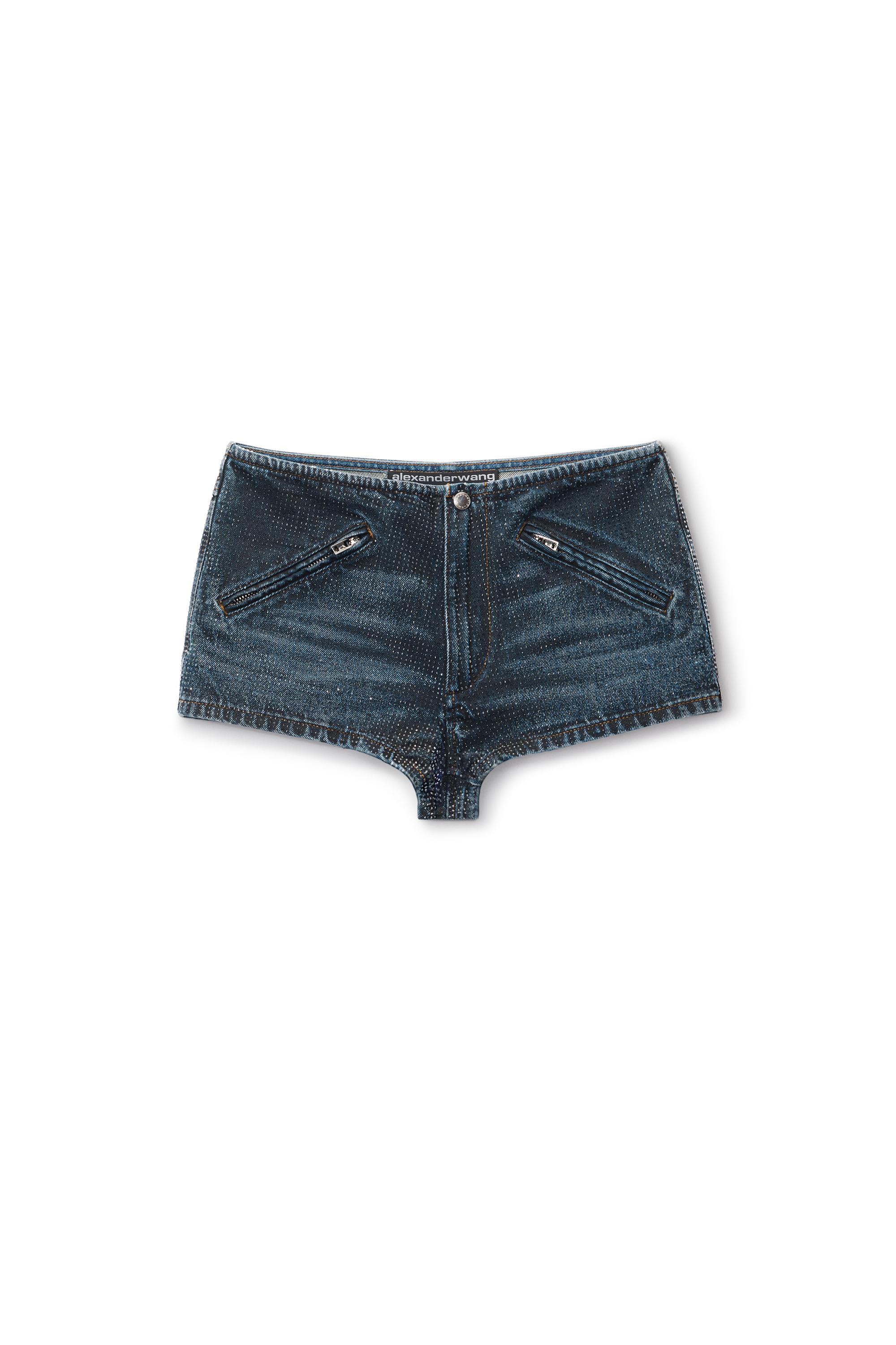 Clear Crystal Hotfix Moto Micro Short In Cotton Denim Product Image