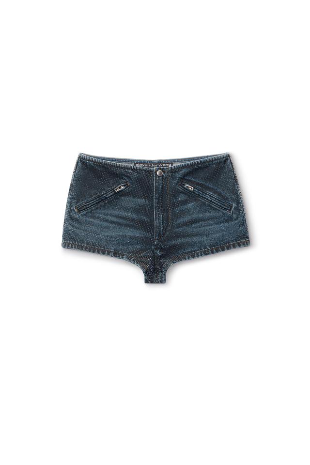 Clear Crystal Hotfix Moto Micro Short In Cotton Denim Product Image