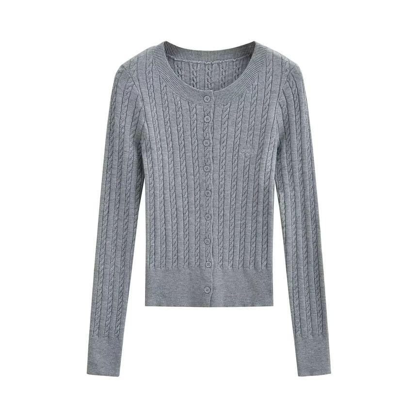 Round Neck Plain Cable Knit Cardigan Product Image