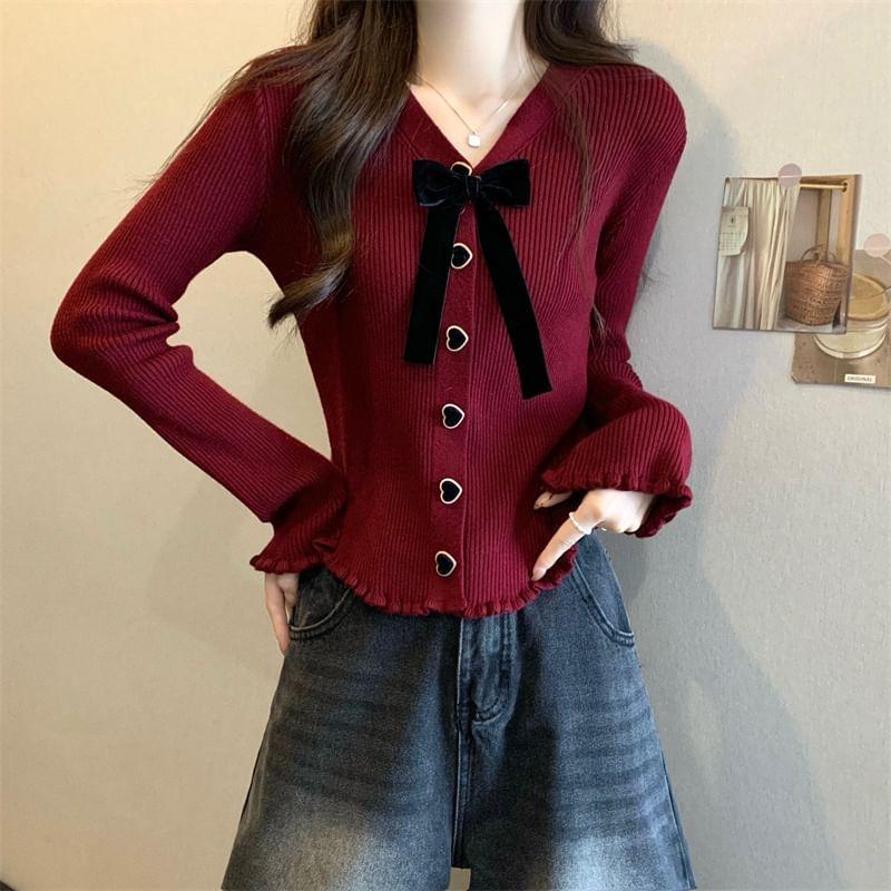 Long-Sleeve V-Neck Bow Heart Button Ribbed Knit Top Product Image