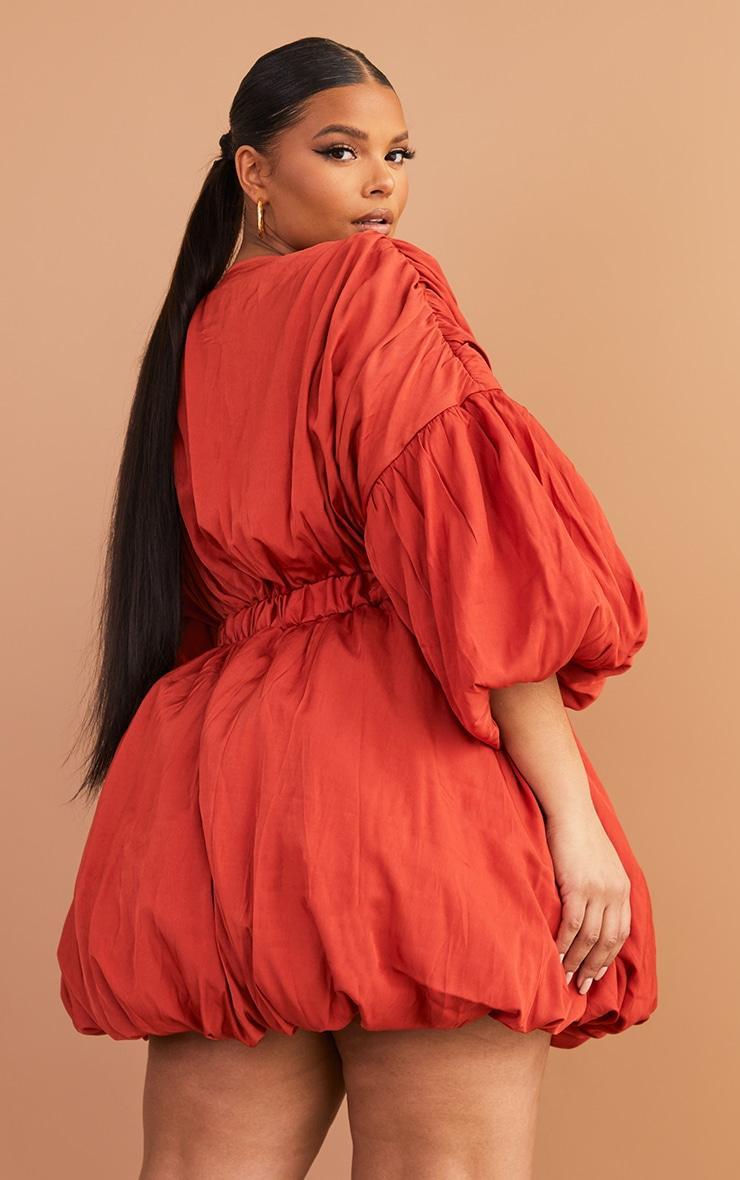 Plus Rust Puff Sleeve Puffball Hem Dress Product Image